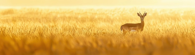 Una graziosa gazzella si trova in mezzo a un campo d'oro di grano bagnato dalla luce morbida del sole che tramonta