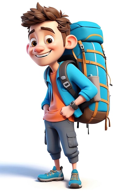 Una graziosa illustrazione di un backpacker di cartoni animati 3D