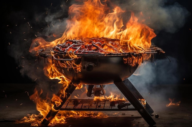 Una griglia a carbone che si accende con le fiamme che emergono