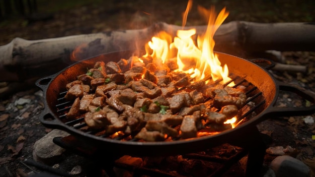 una griglia con carne cotta sul fuoco