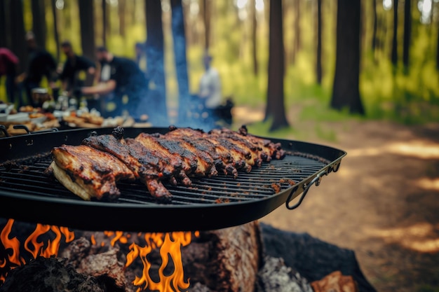 Una griglia con delle nervature sopra e un uomo sullo sfondo sta cucinando sul fuoco.