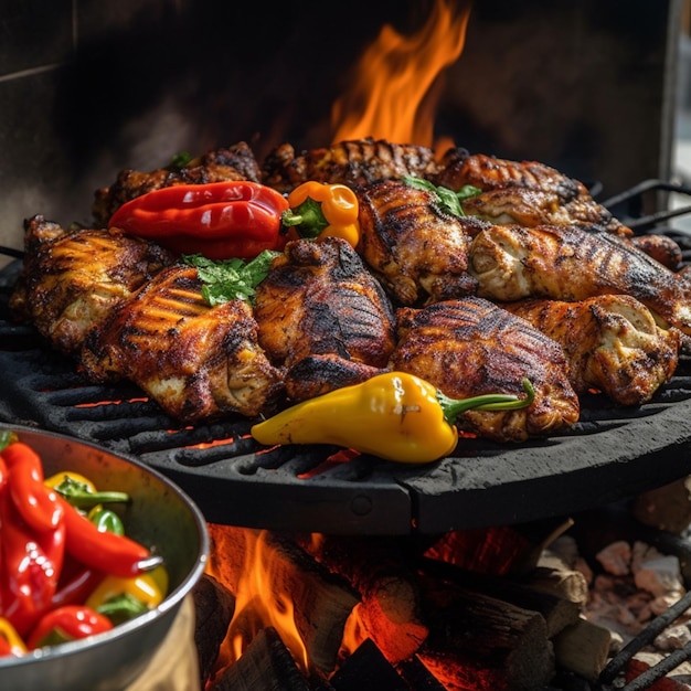 Una griglia con il fuoco sullo sfondo e una grigliata di pollo con sopra un peperone giallo.