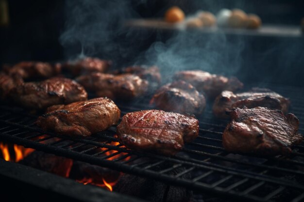 Una griglia con la carne sopra e il fumo che esce.