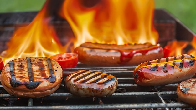 una griglia con salsicce e hot dog che ci cucinano