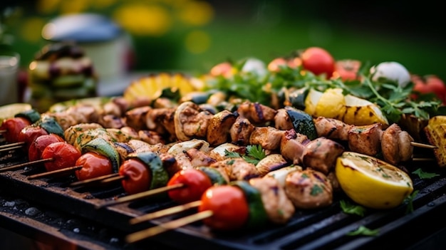 Una griglia con una varietà di verdure tra cui verdure e verdure di pollo