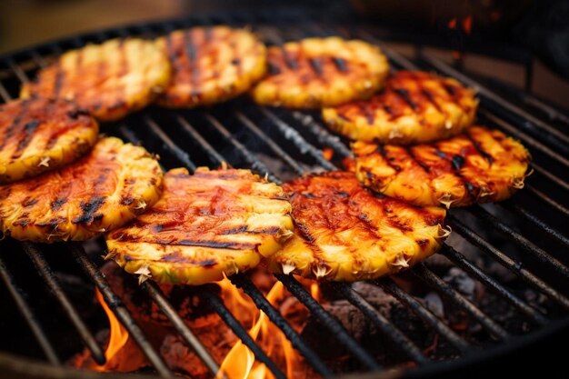 Una griglia da barbecue con fette di ananas in cottura