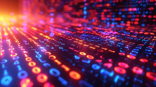 Una griglia illuminata al neon di codice binario che codifica il linguaggio dell'era digitale