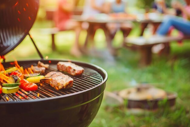 Una griglia nera con carne e verdure su di essa persone nello sfondo sfocato che si divertono a una festa all'aperto in una giornata di sole