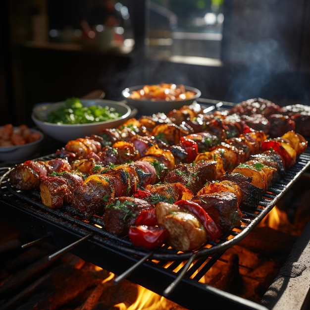 Una griglia per barbecue con sopra carne e verdure e una ciotola di verdure alla griglia.