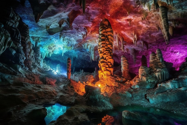 Una grotta colorata con un cielo azzurro e una nuvola bianca