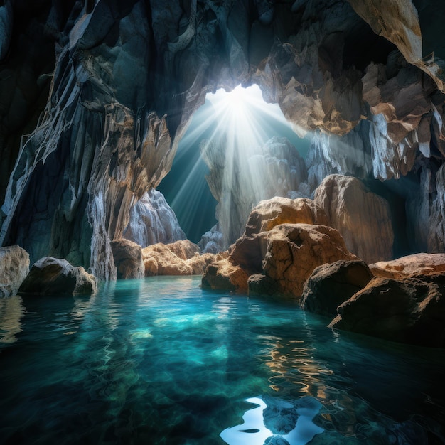 Una grotta con acqua e rocce