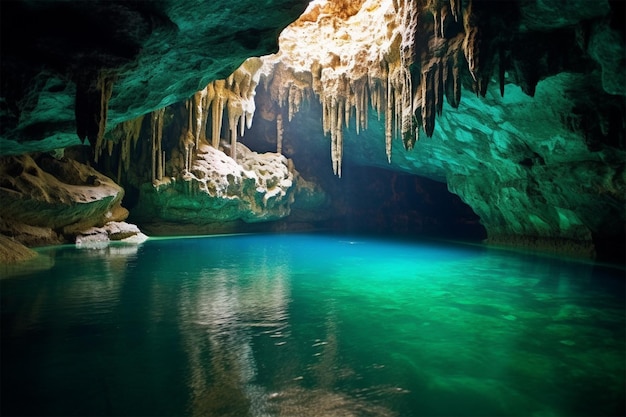 Una grotta con acqua verde e una grotta blu