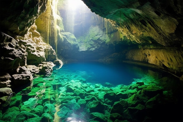 Una grotta con acqua verde e una grotta blu