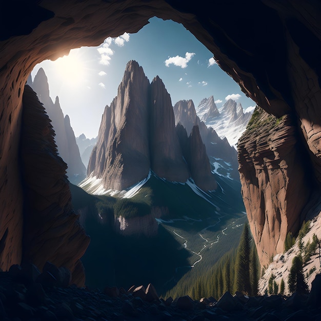 una grotta con le montagne sullo sfondo e un luogo per una citazione dell'autore