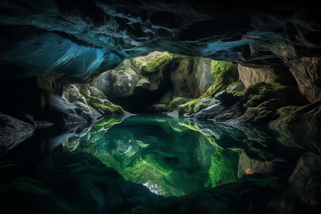 Una grotta con muschio verde e acqua al suo interno