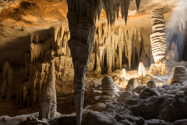 una grotta con tante stalap e una luce proveniente dal soffitto