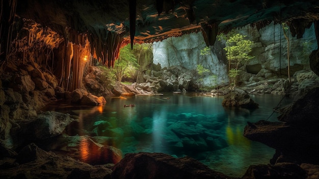 Una grotta con un lago all'interno e una foresta sullo sfondo