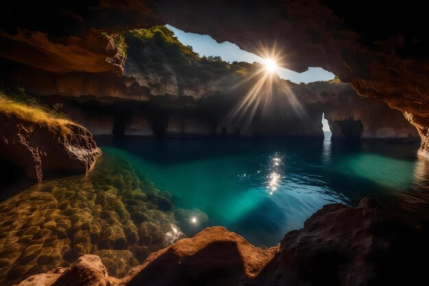 Una grotta con un sole che splende attraverso l'acqua