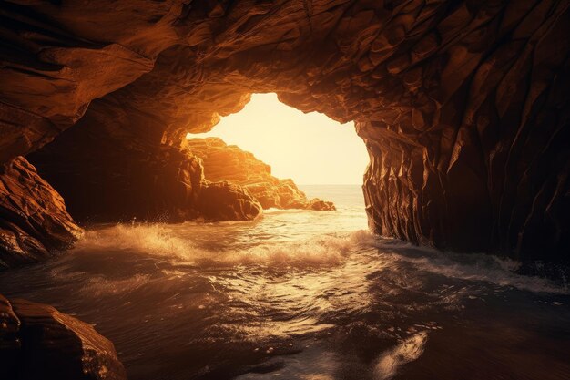 una grotta con un tramonto sullo sfondo