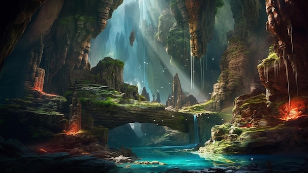 Una grotta con una cascata e un ponte