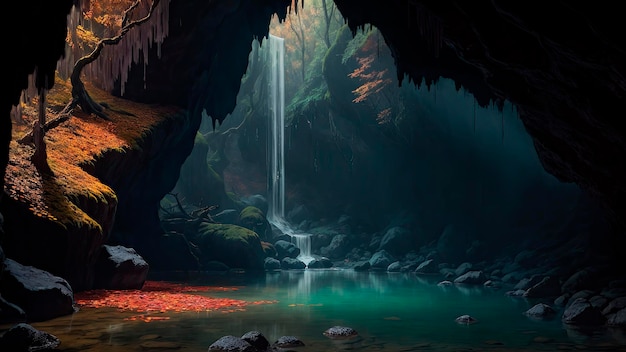 Una grotta con una cascata sullo sfondo