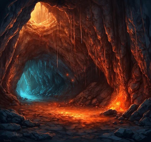 una grotta con una caverna con una lava blu e arancione