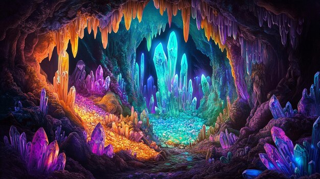 una grotta con una caverna con una luce blu e verde all'interno