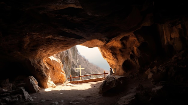 Una grotta con una croce in cima