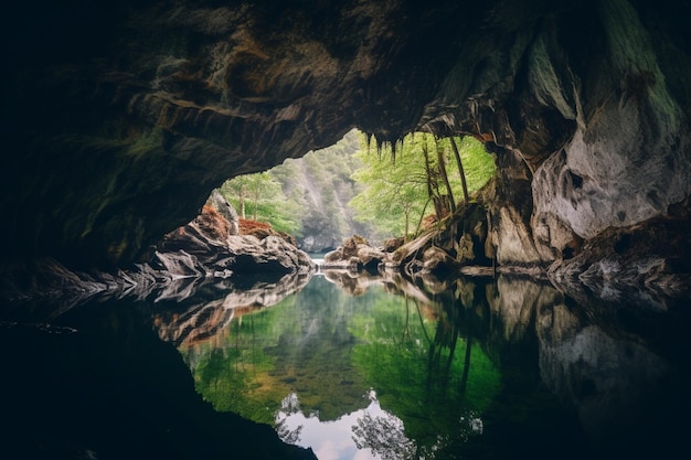 Una grotta con una foresta verde sullo sfondo