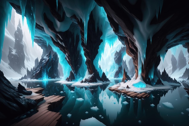 Una grotta con una grotta di ghiaccio blu e un ponte con un ponte e una grotta di ghiaccio blu.