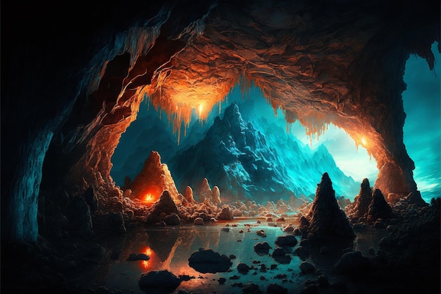 Una grotta con una luce blu e arancione