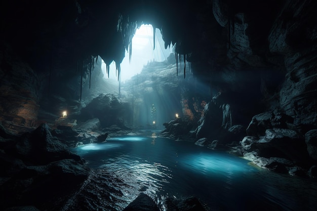 Una grotta con una luce blu e il sole che splende attraverso di essa