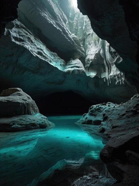 una grotta con una luce verde all'interno