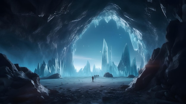 Una grotta con uno sfondo blu e uno sfondo blu con un paio di persone che vi camminano dentro.