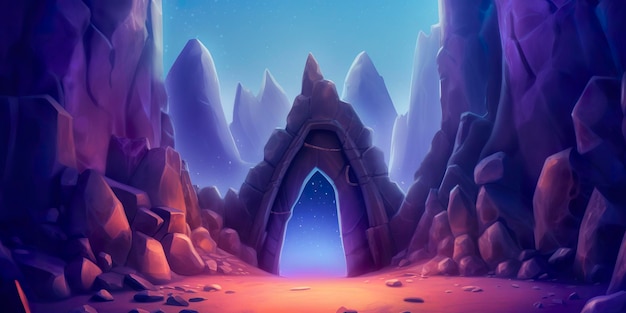 Una grotta del tesoro di una montagna in un luogo arido e disabitato in Night AI Generative