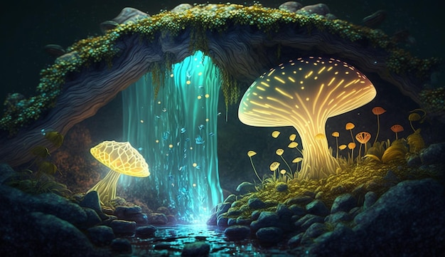 Una grotta di funghi con una cascata e una luce blu.
