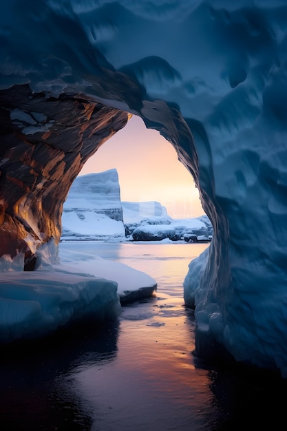 Una grotta di ghiaccio ghiacciata con un tramonto sullo sfondo