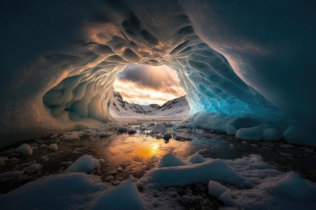 Una grotta ghiacciata illuminata da un singolo raggio di sole che traspare da un'apertura nel soffitto
