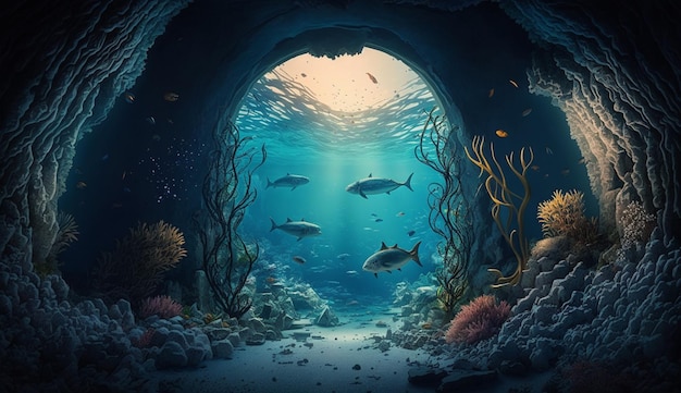 Una grotta marina con pesci che nuotano sul fondo