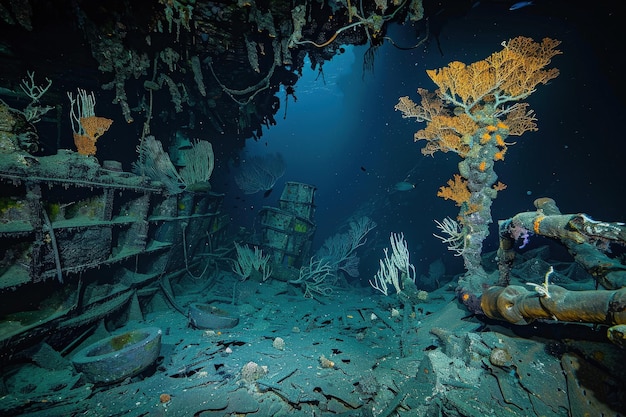 Una grotta sottomarina con coralli e coralli spugne