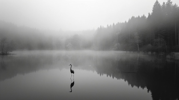 Una gru su un lago nella foresta in una fitta nebbia immagine in bianco e nero