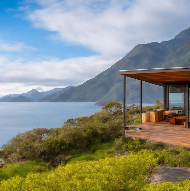 Una Guest House con vista e sfondo colorato ai generato