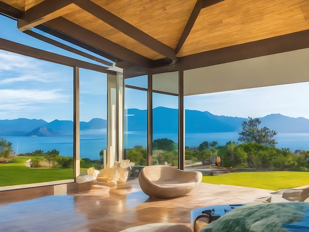 Una guest house con vista sulle montagne e sull'oceano Bellissimo sfondo Ai generato