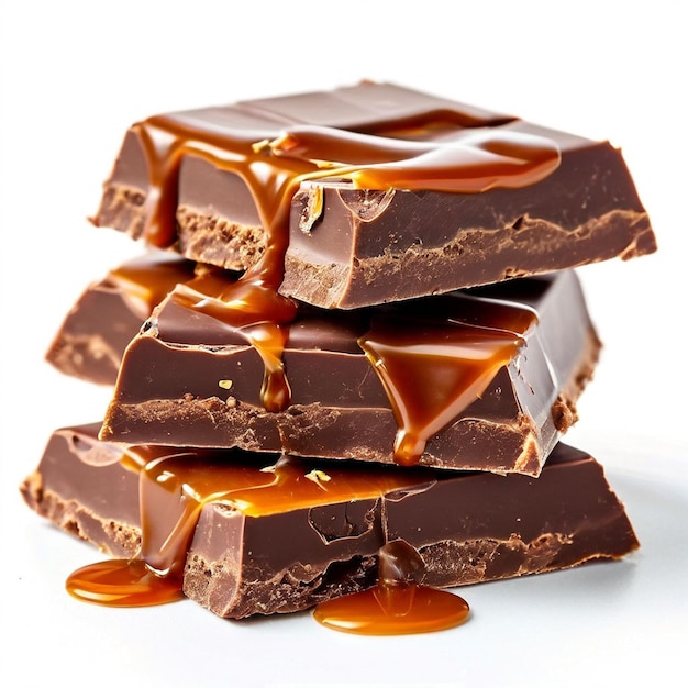 una gustosa barretta di cioccolato divisa in due pezzi deliziosa crema al caramello e arachidi sullo sfondo bianco