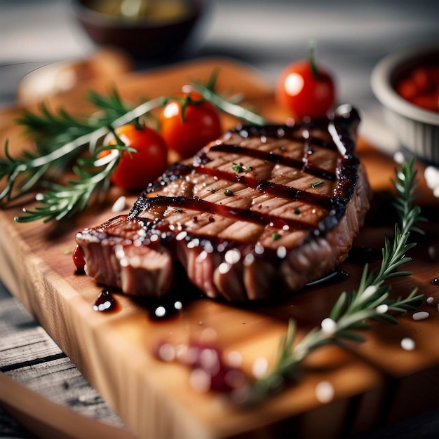 Una gustosa bistecca alla griglia su una tavola di legno.