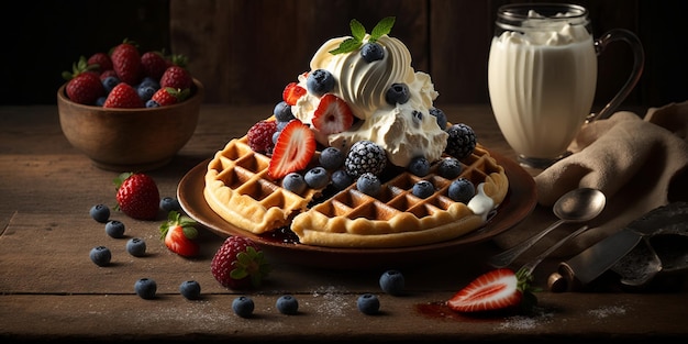 una gustosa colazione con waffle belgi serviti su un rustico tavolo in legno decorato con frutti di bosco freschi e un ciuffo di panna montata