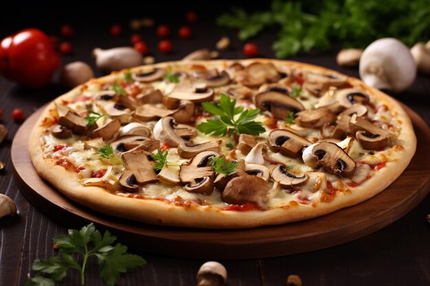 Una gustosa pizza di pollo con funghi e spezie.