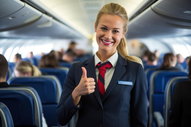 Una hostess sorridente con il pollice in alto in piedi all'interno dell'aereo