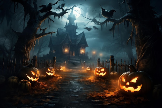 Una inquietante notte di Halloween Una scena inquietante di mistero ed eccitazione creata con l'intelligenza artificiale generativa