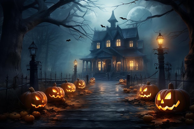 Una inquietante notte di Halloween Una scena inquietante di mistero ed eccitazione creata con l'intelligenza artificiale generativa